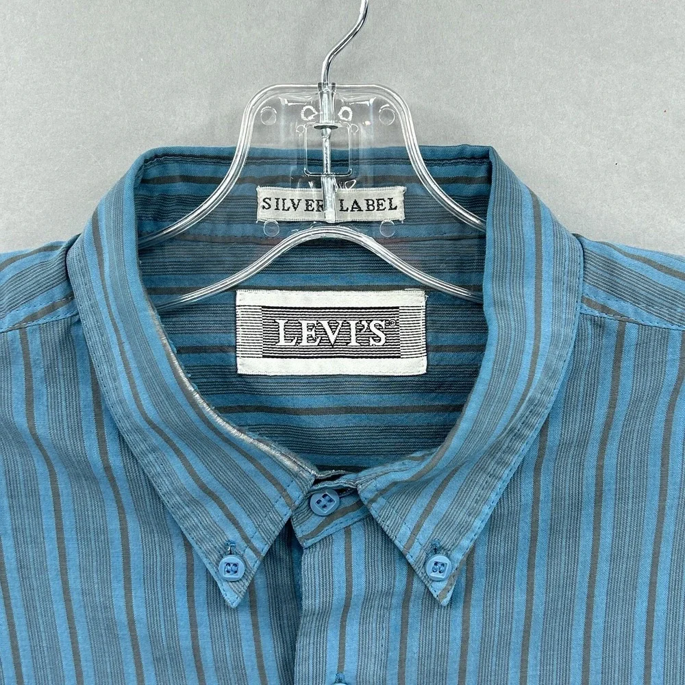 Vintage Levis Shirt Men Large Work Button Up Blue Stripe Silver Label Big E 80s‎